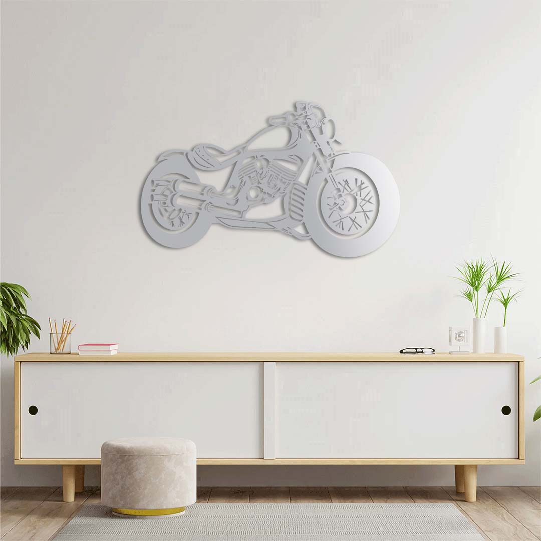 Biker-themed metal wall decor ideal for adventurous interiors